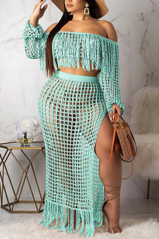 Plus Size Off The Shoulder Crochet Hollow Out Fringe Side Split Cover Up Skirt Two Piece Set