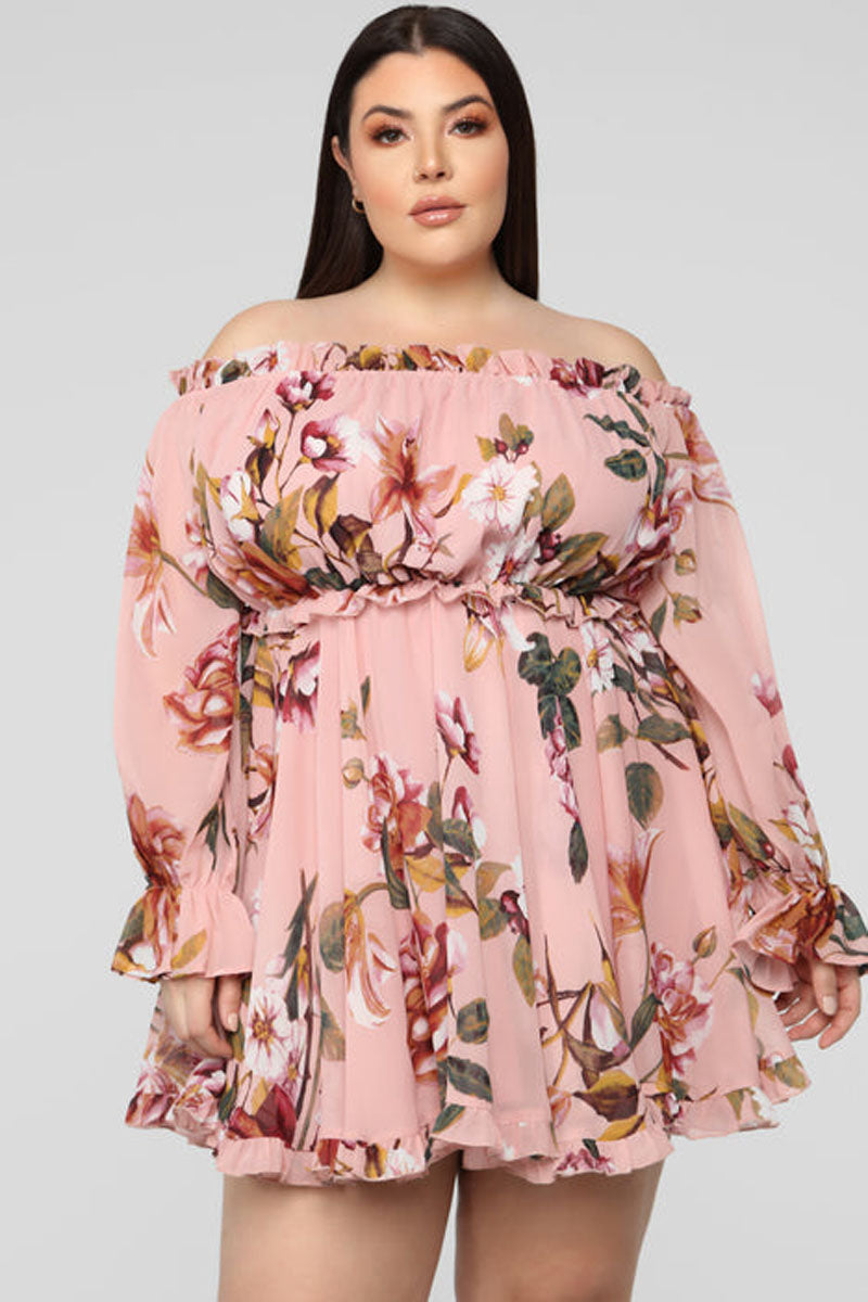 Plus Size Casual Off The Shoulder Floral Print A Line Mini Dresses