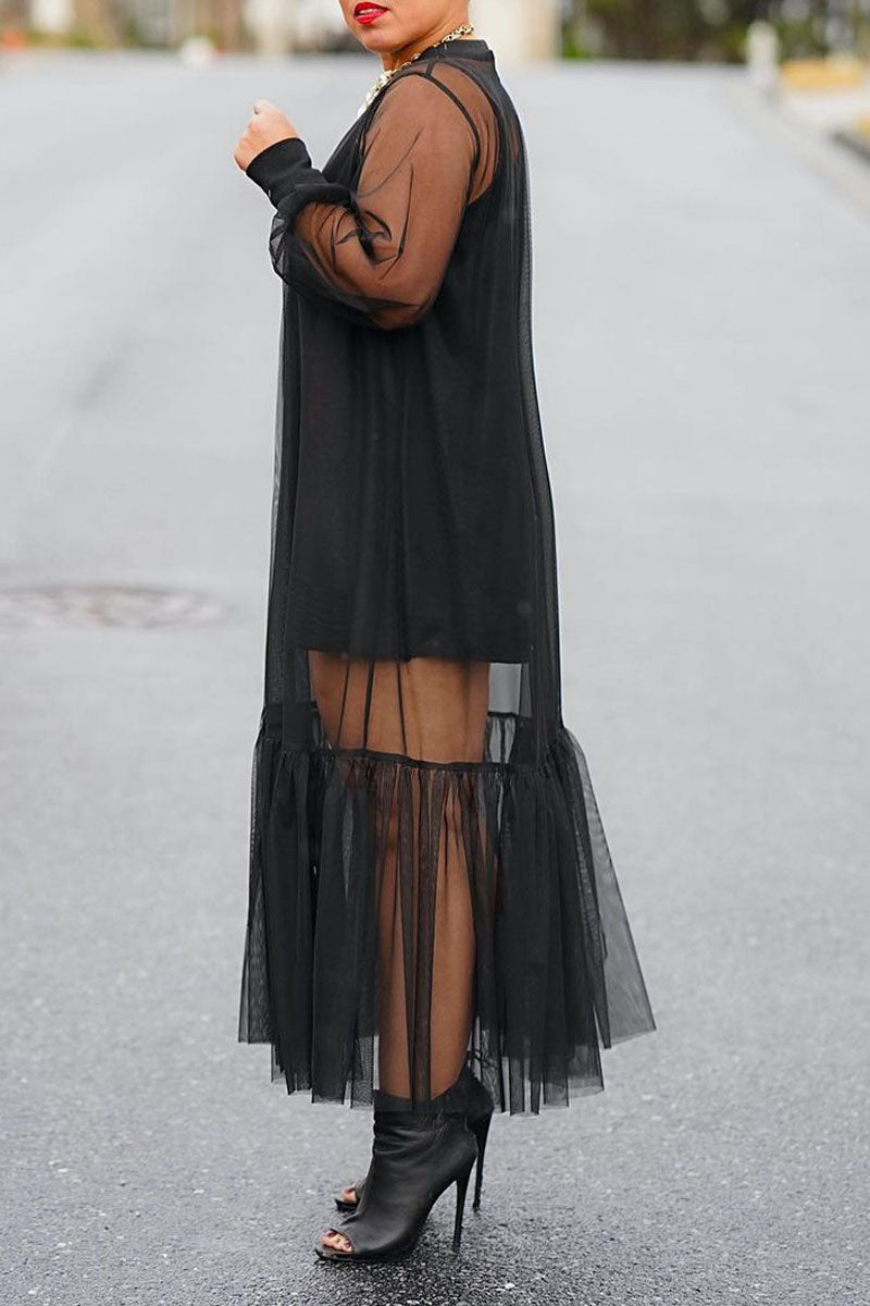 Plus Size Black Sheer Tulle Long Sleeve See-through Maxi Dresses (With Underwear)