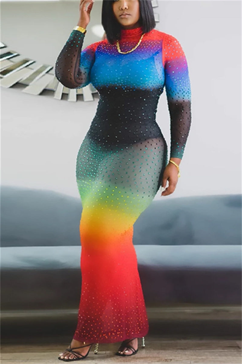 Plus Size Rainbow O Neck Long Sleeve Sequin Sheer Maxi Dress