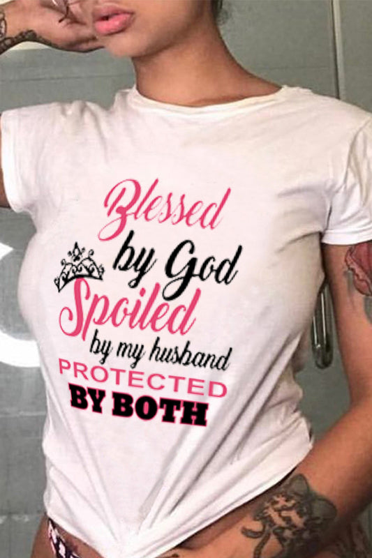 Plus Size Casual Blessed By God Round Neck Short Sleeve T Shirt