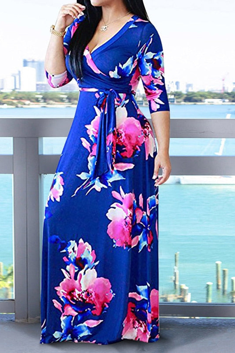 Plus Size Casual Floral Print Long Sleeve Sash Belt Maxi Dress