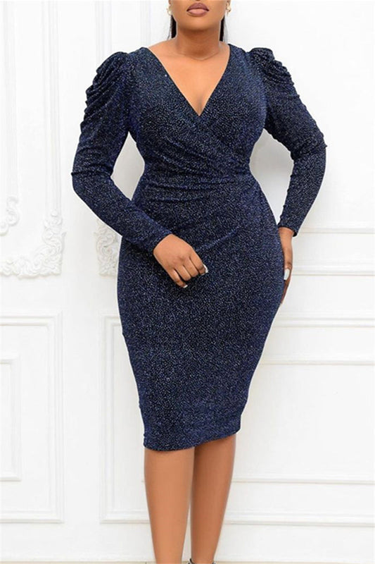 Plus Size Elegant Solid Sequin V Neck Midi Dress