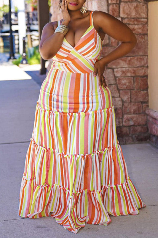 Plus Size Cami Dresses Strap Striped Maxi Dress