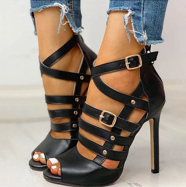 Casual Stiletto PU Leather High-heeled Rivets Sandals Shoes