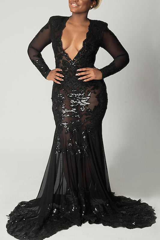 Plus Size V Neck See-through Tulle All Over Print Maxi Dress