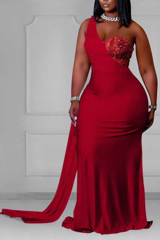 Plus Size Red Sleeveless Trailing Patchwork Sequin Maxi Dress