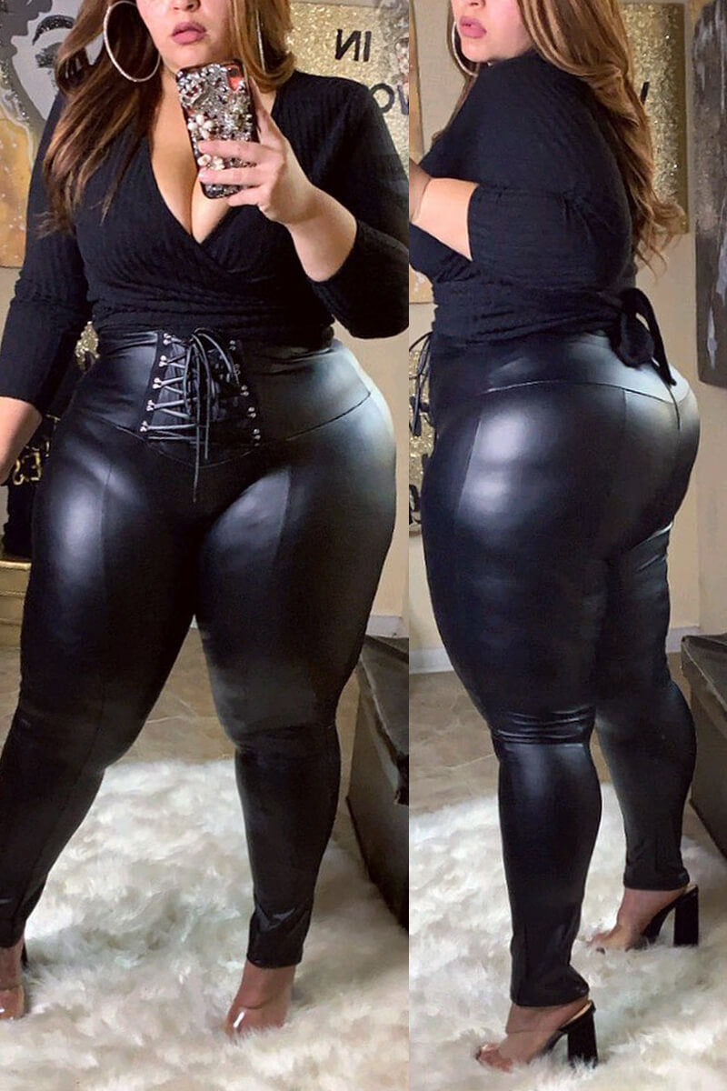 Plus Size PU Leather Bandage Skinny Pants