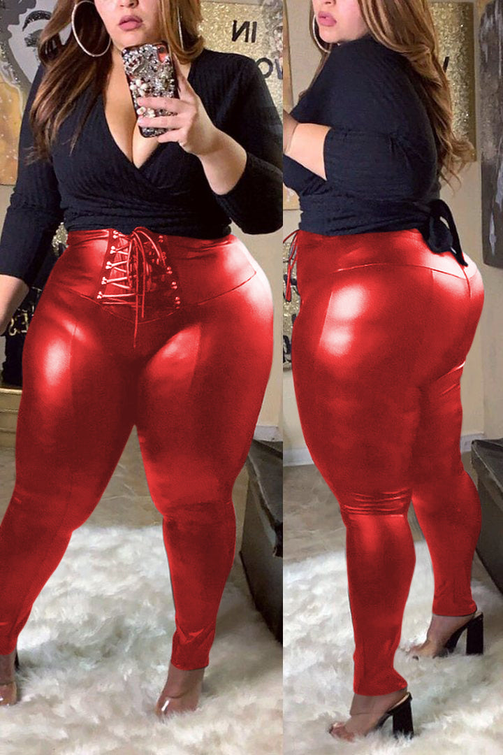 Plus Size PU Leather Bandage Skinny Pants