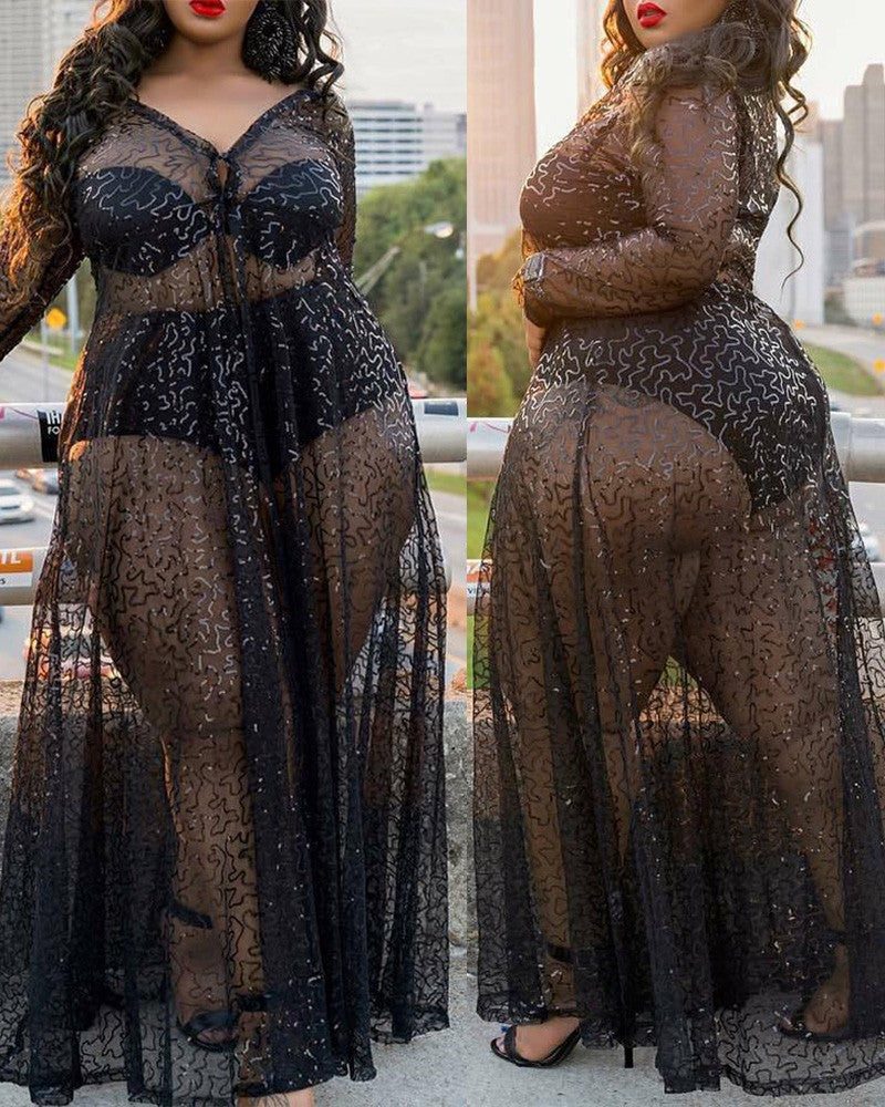 Plus Size Sheer Mesh Little Black Maxi Dress