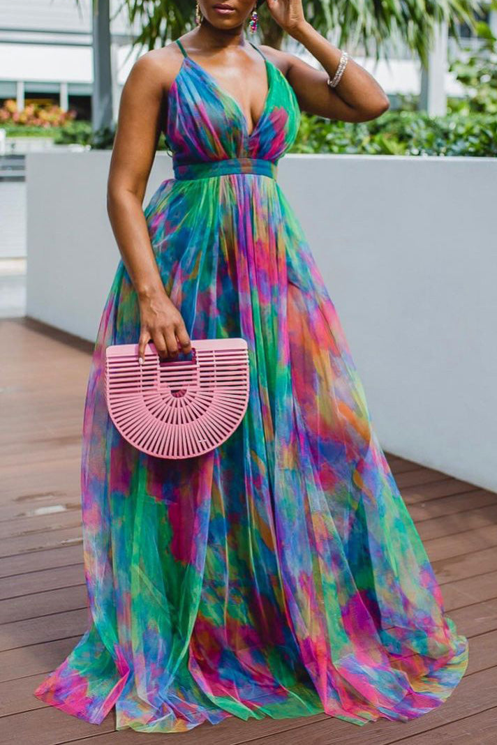 Plus Size Tulle Dresses Sling V-neck Print Dress