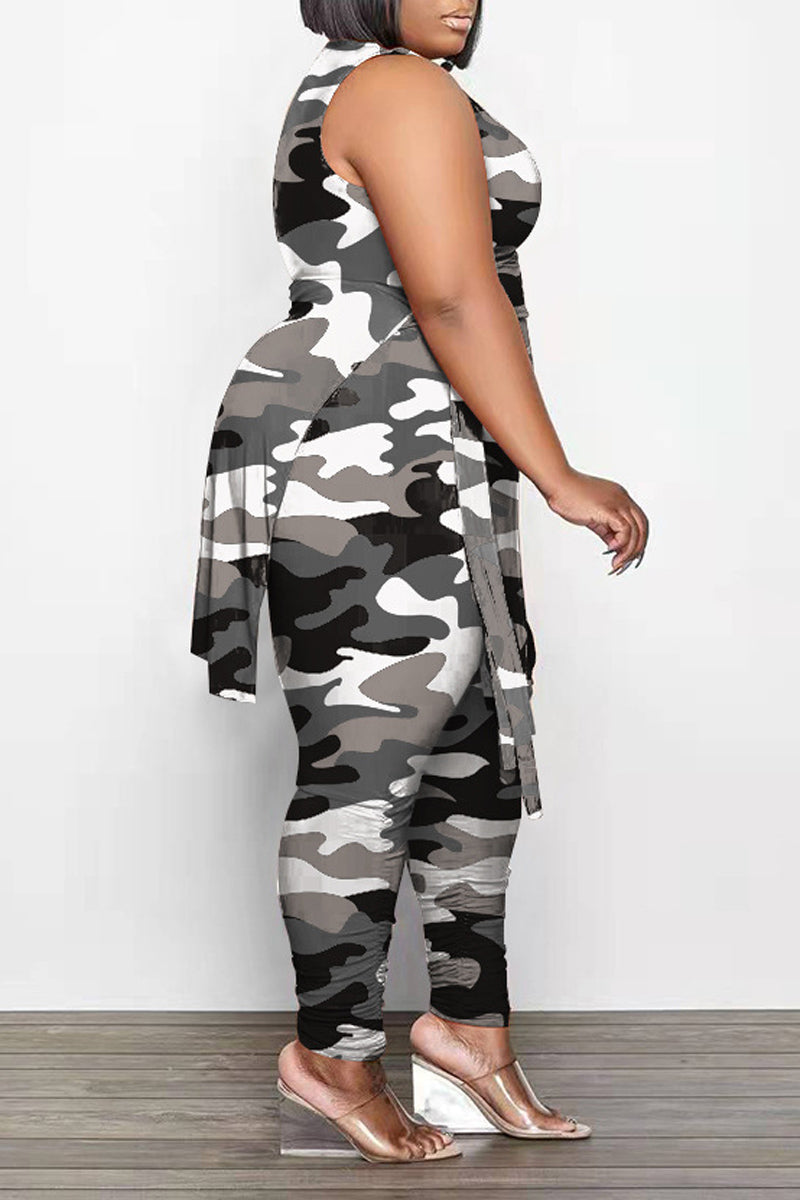 Plus Size Camouflage Print Sleeveless Skinny Pant Two Piece Set