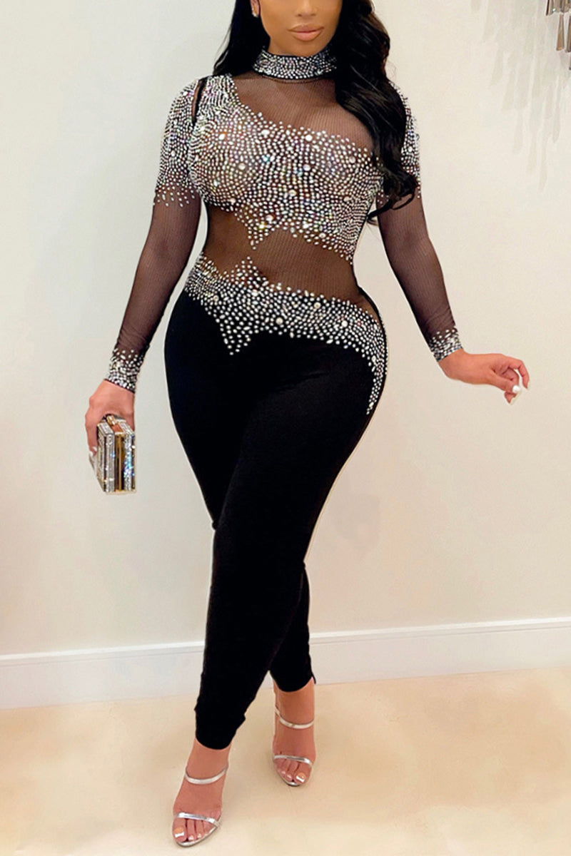 Plus Size Casual See Through Sequin Pants Jumpsuits
