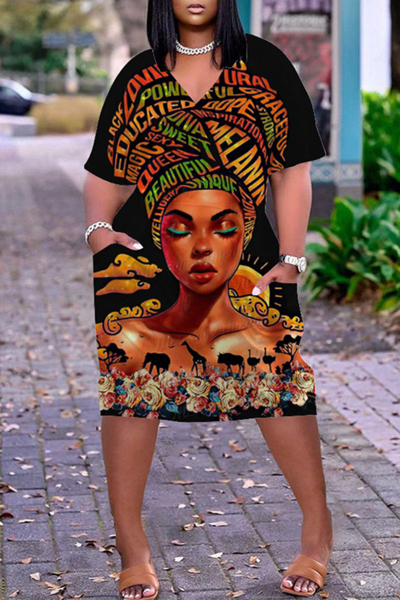 Plus Size Casual Printed V Neck Short Sleeve Midi Dress