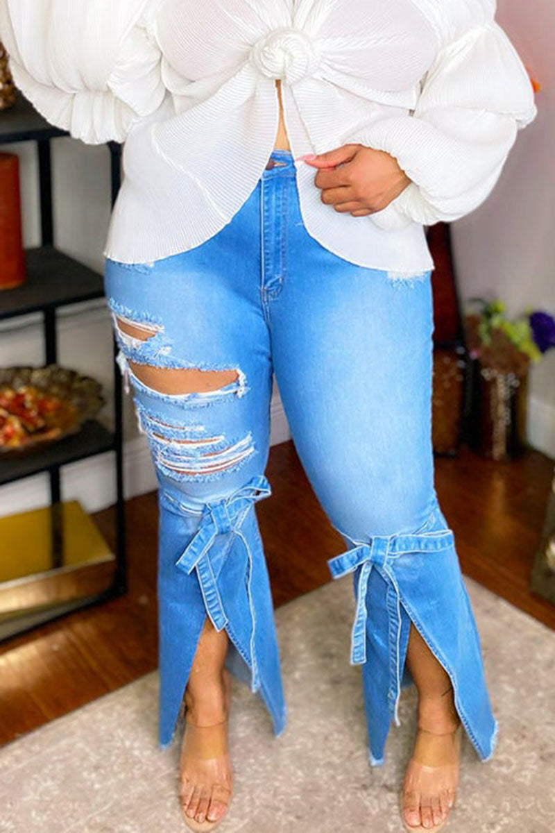 Plus Size Plain Denim Jeans Drawstring