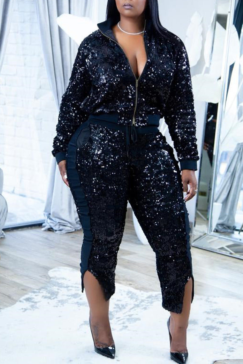 Plus Size Sequin Long Sleeve Jacket Front Slit Pants Two Pieces Set