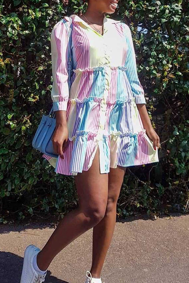 Plus Size Casual Stripe Print Turndown Collar Shirt Mini Dress