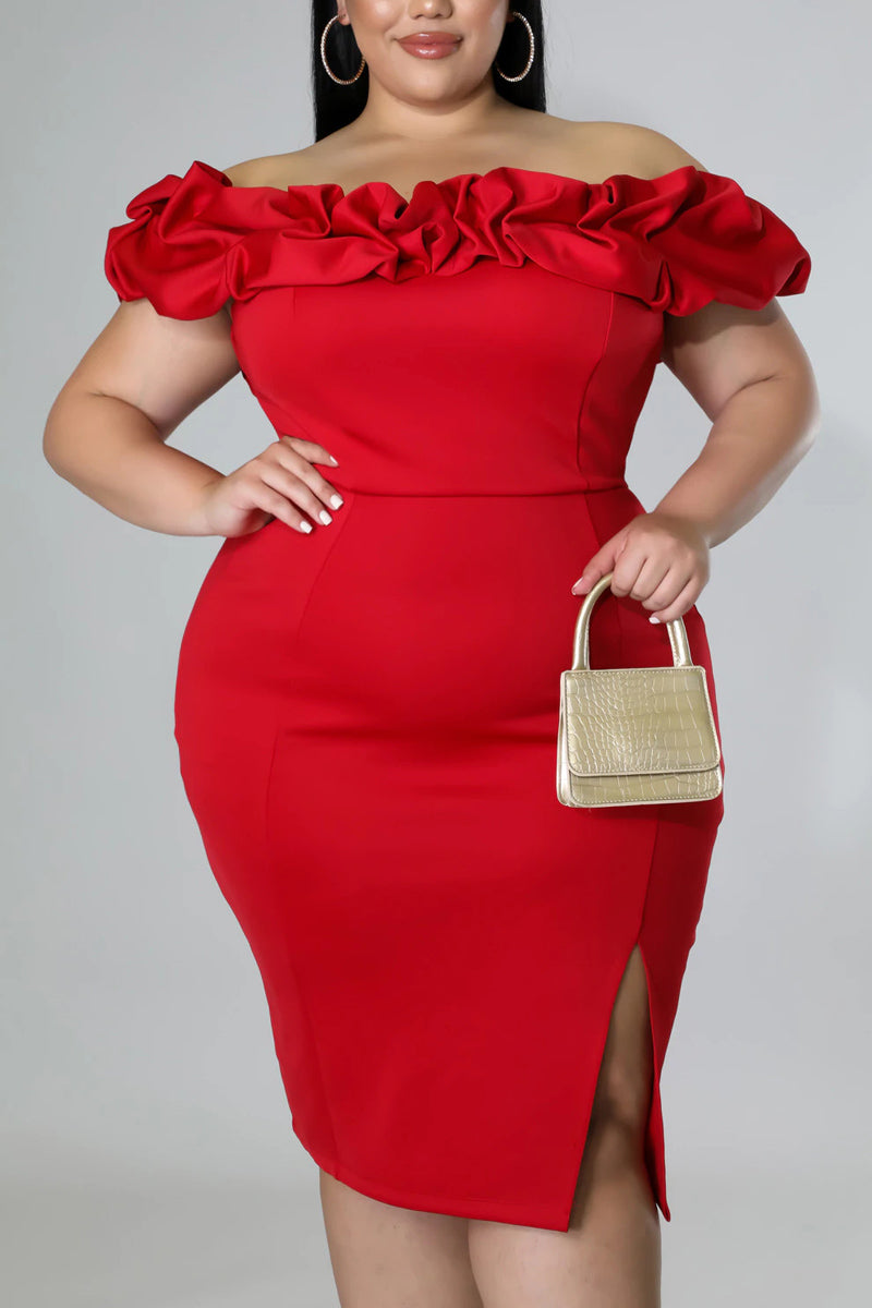 Plus Size Off The Shoulder Solid Split Bodycon Semi Formal Midi Dresses