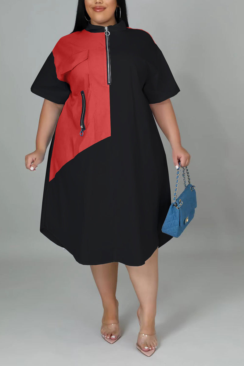 Plus Size Casual Colorblock Stitching Zip Short Sleeve Shirt Midi Dresses