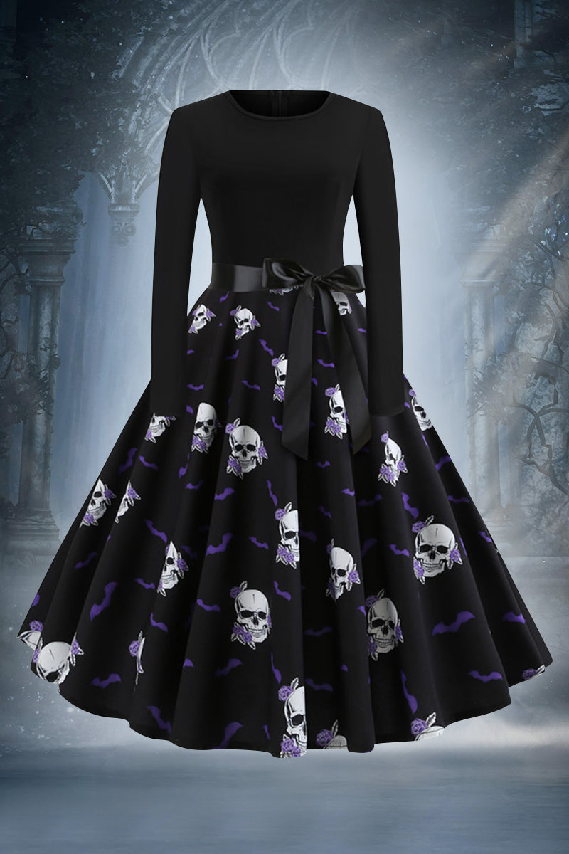 Plus Size  Pumpkin Skull Print Long Sleeve A-line Midi Dress with Belt