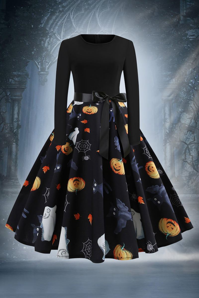Plus Size  Pumpkin Skull Print Long Sleeve A-line Midi Dress with Belt