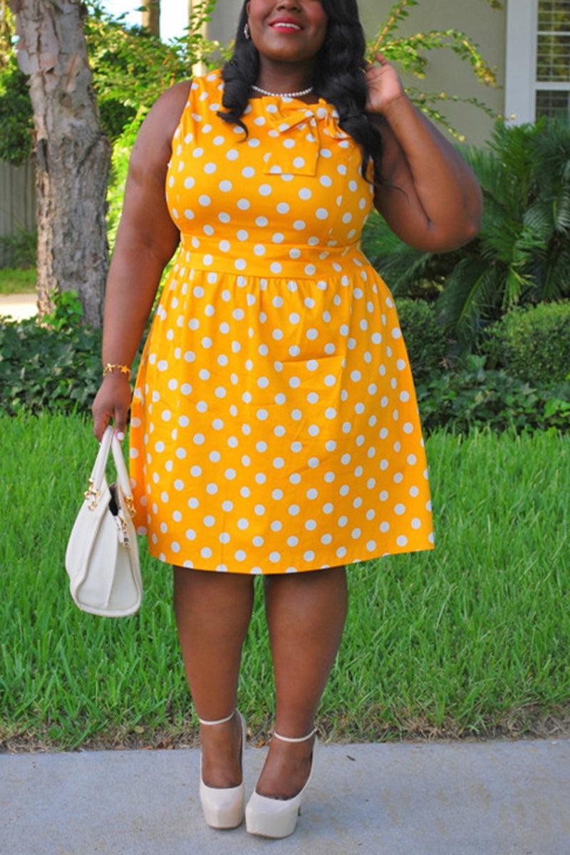 Plus Size Vintage Polka Dot Print Stitching Bow A Line Midi Dresses