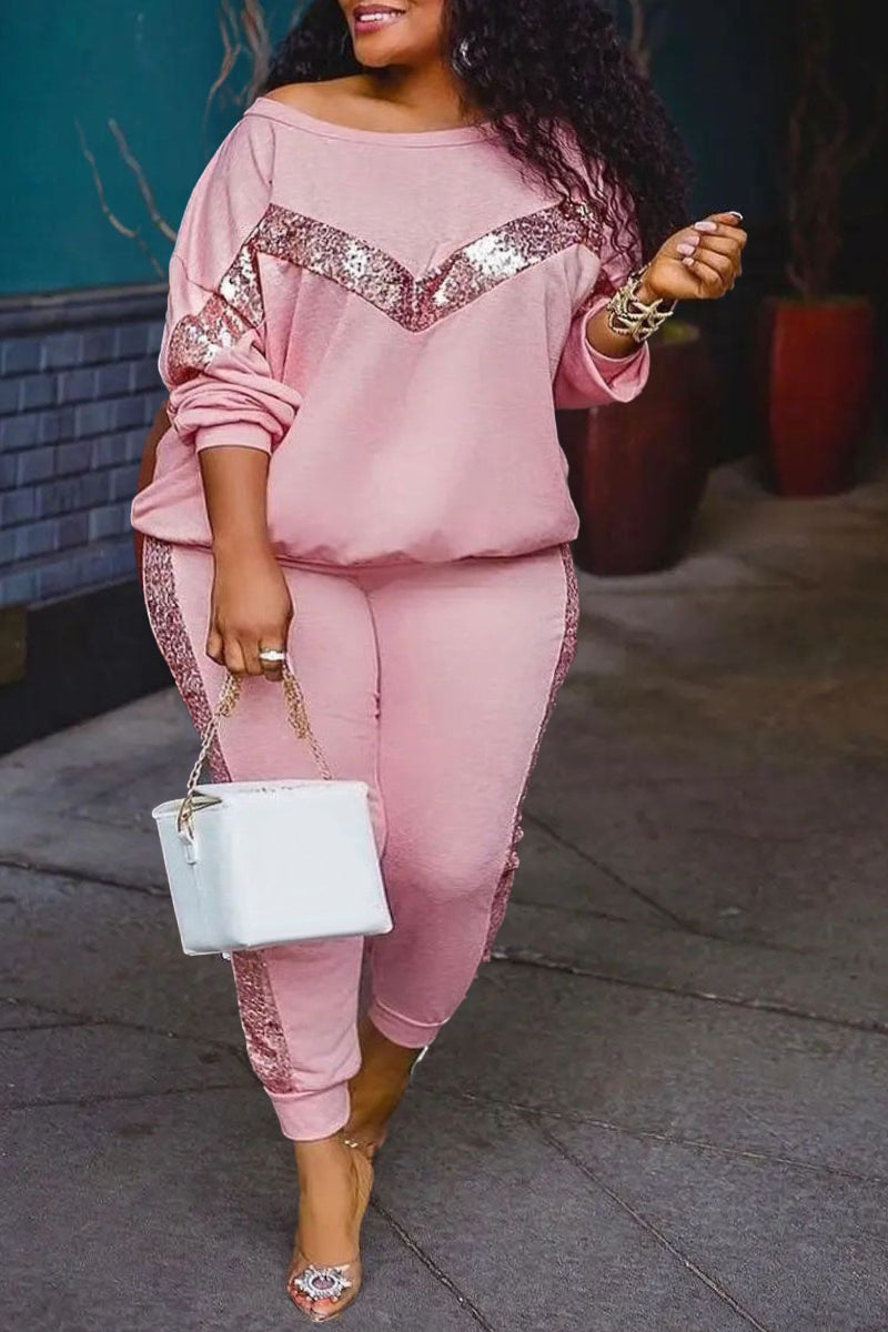 Plus Size Pink Casual Sequin Long Sleeve Pants Tracksuits Two Piece Set