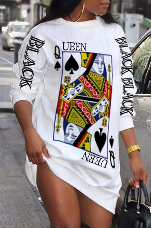 Plus Size Poker Letter Print Long Sleeve Casual Dress