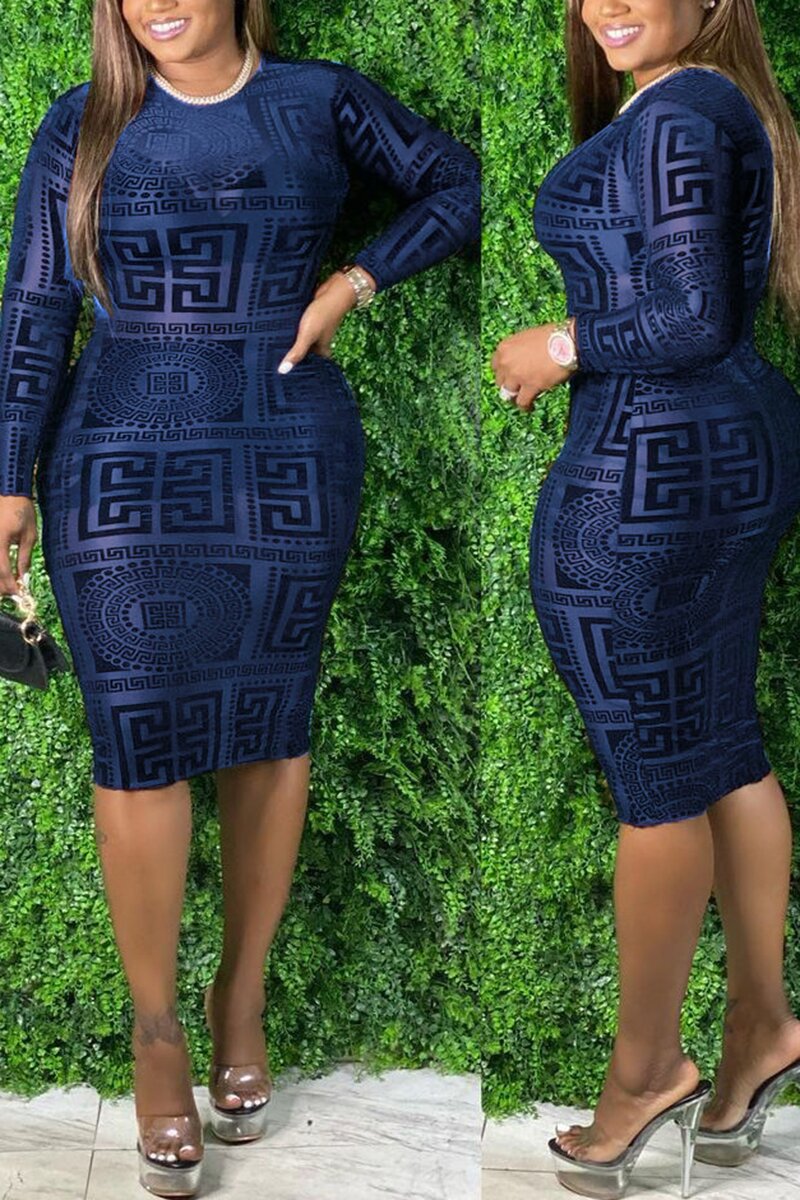 Plus Size Printed Little Black Long Sleeve Midi Dress