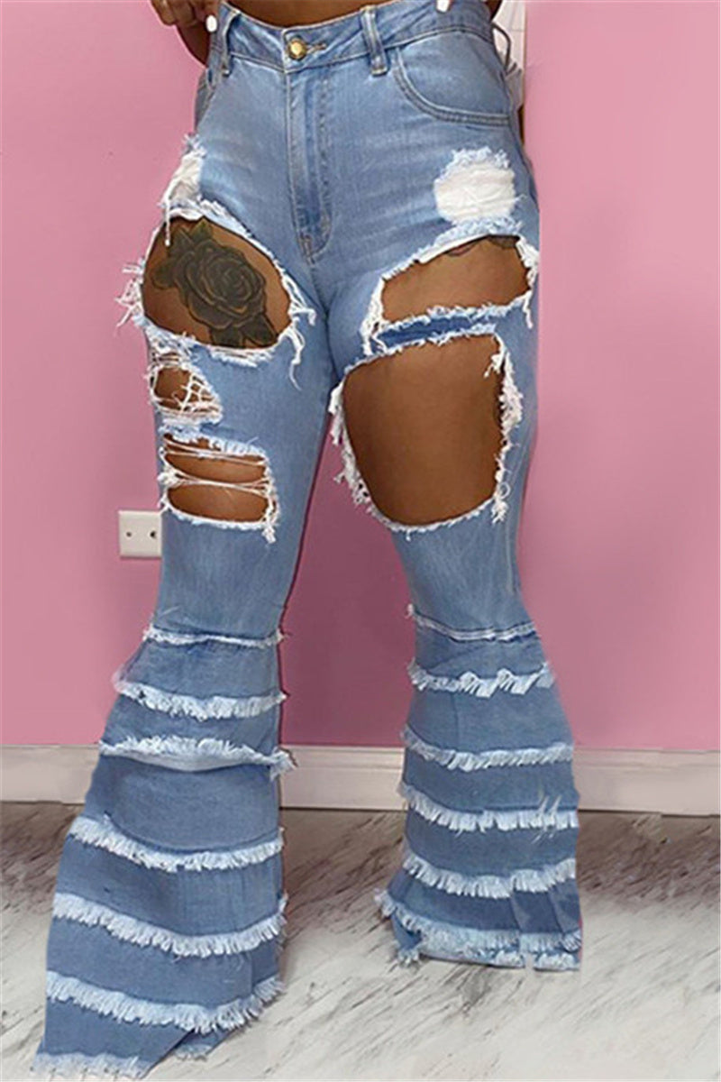 Plus Size Fashion Casual Hollow Denim Ruffle Pants