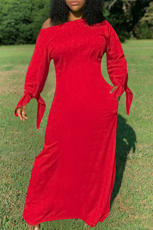 Plus Size Casual Solid One Shoulder Long Sleeves Knotted Maxi Dress