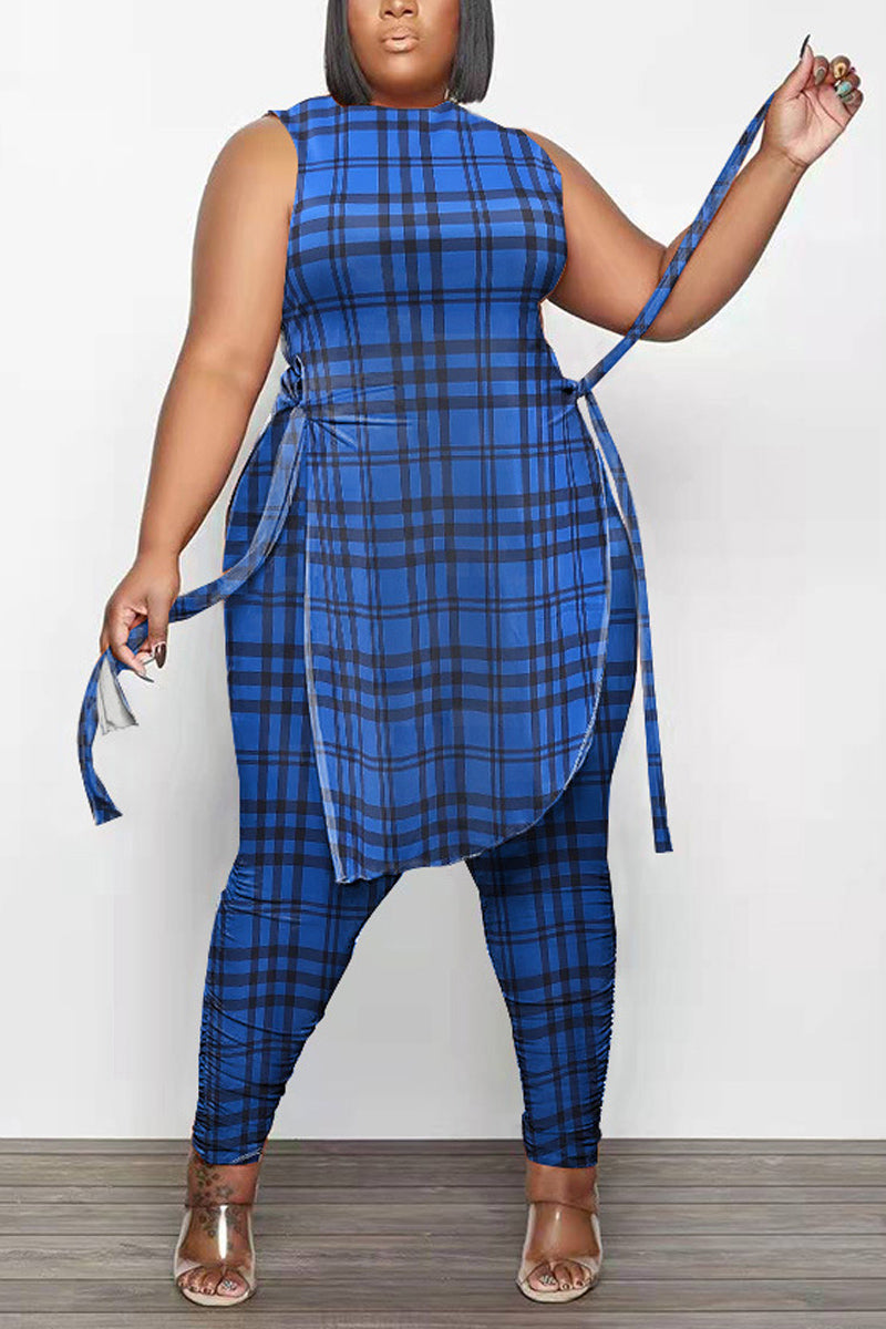 Plus Size Casual Plaid Print Sleeveless Skinny Pant Two Piece Set