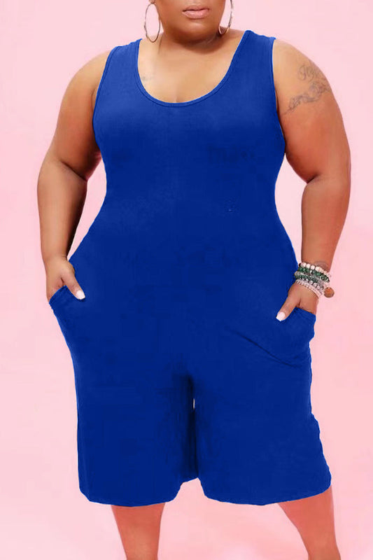 Plus Size Casual Solid Sleeveless Rompers