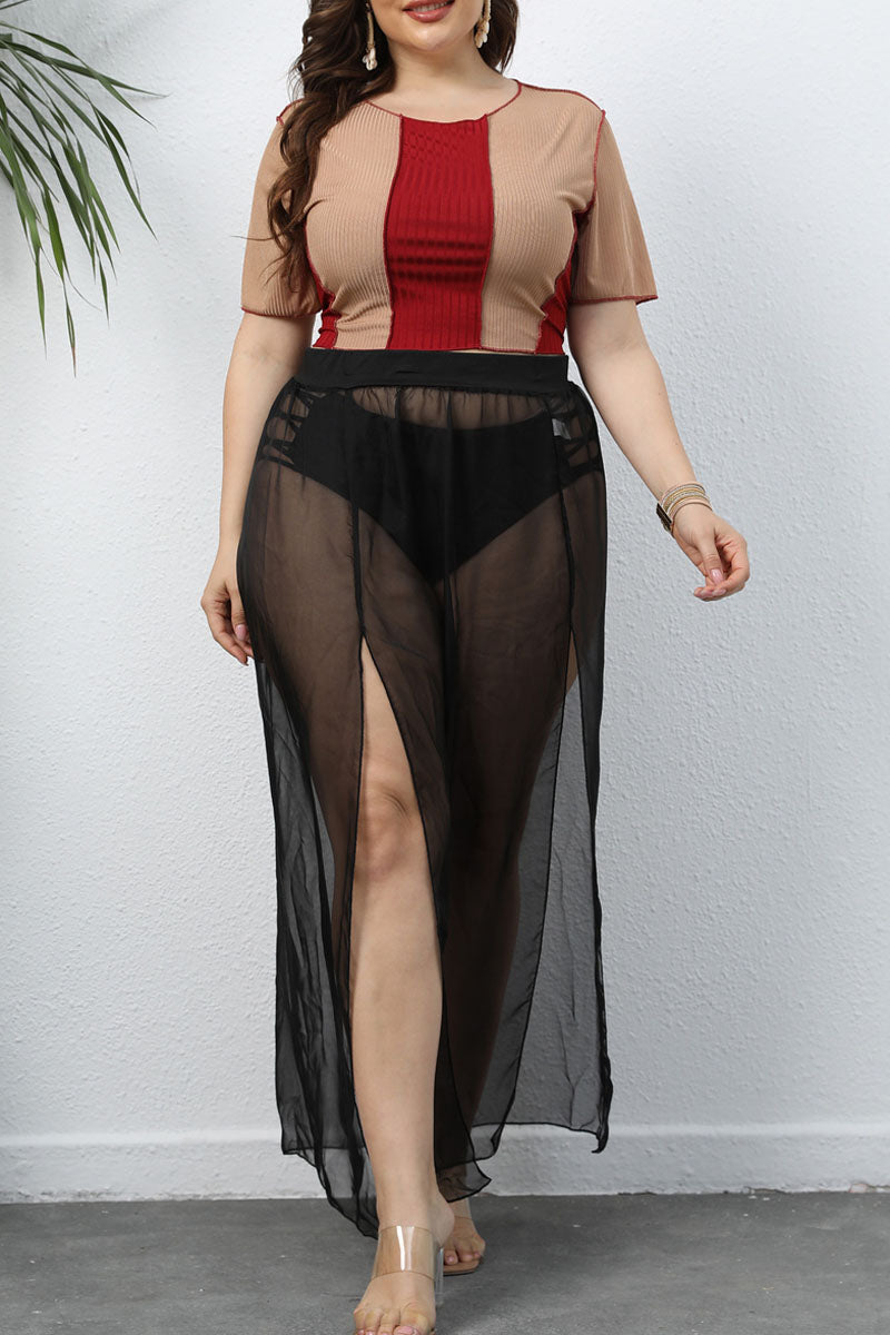Plus Size Casual Black Tulle See-through High Waist Cover Up Split Skirt