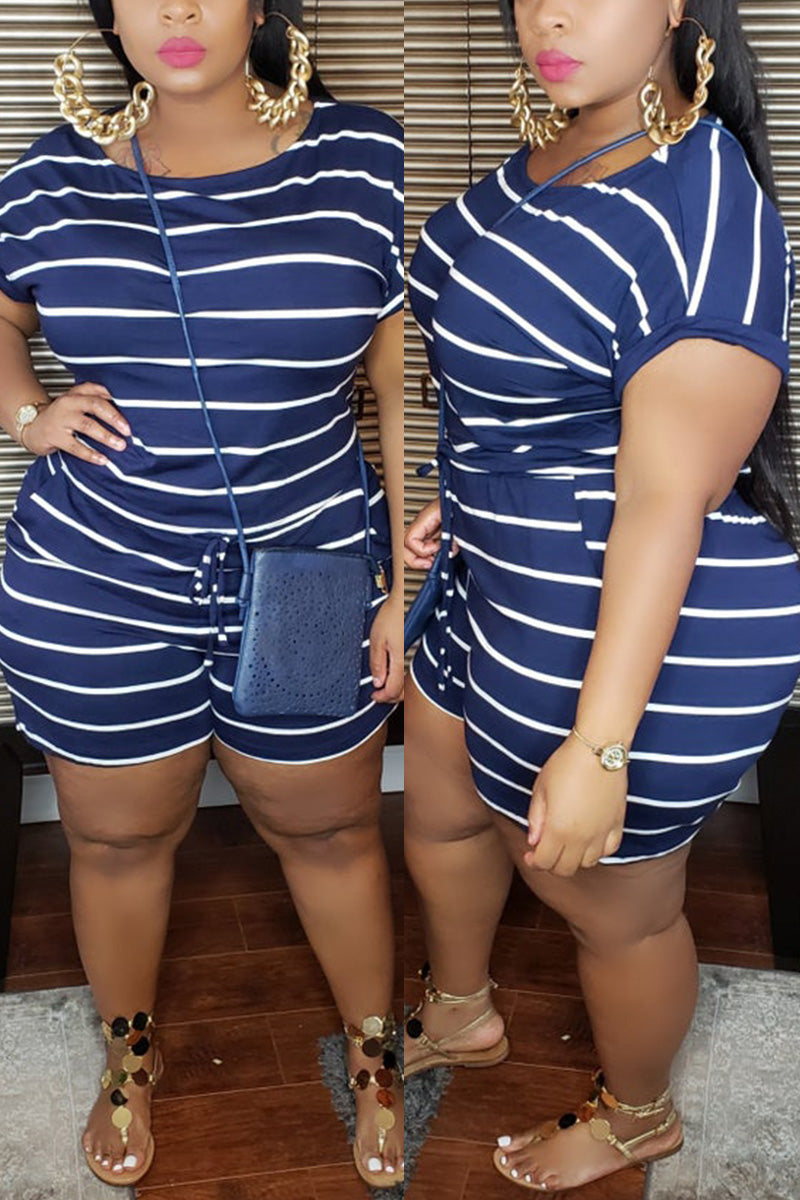 Plus Size Casual Striped Short Sleeve Romper