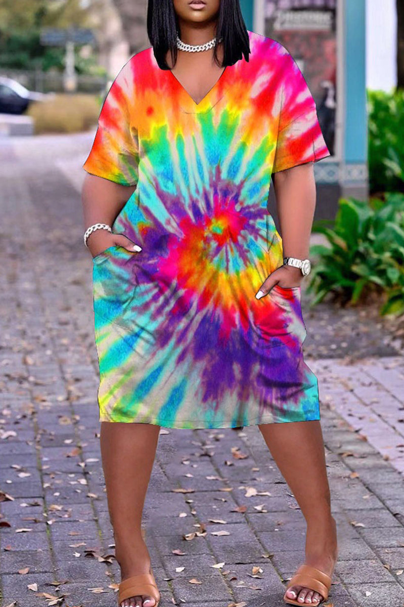 Plus Size Casual V Neck Tie Dye Print Short Sleeve Midi Dress