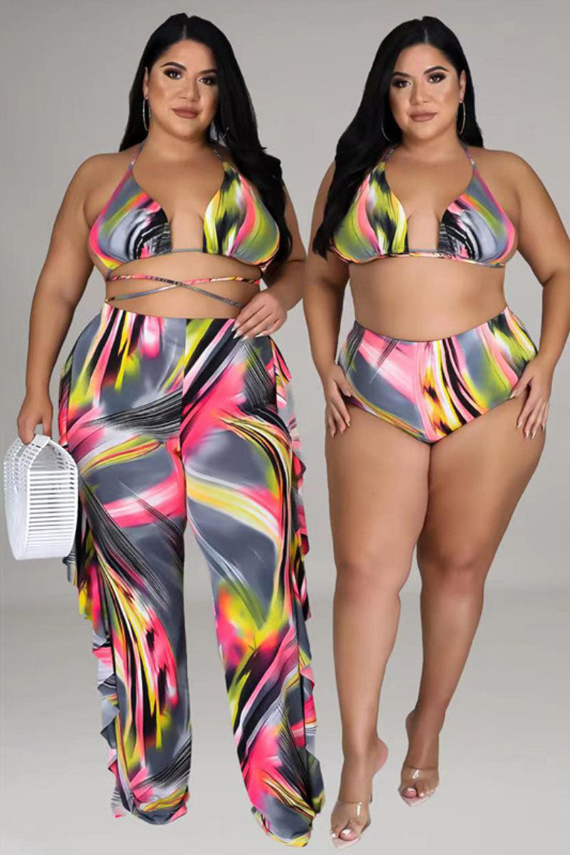 Plus Size Halter All Over Print Swimsuit Pant Three Piece Set