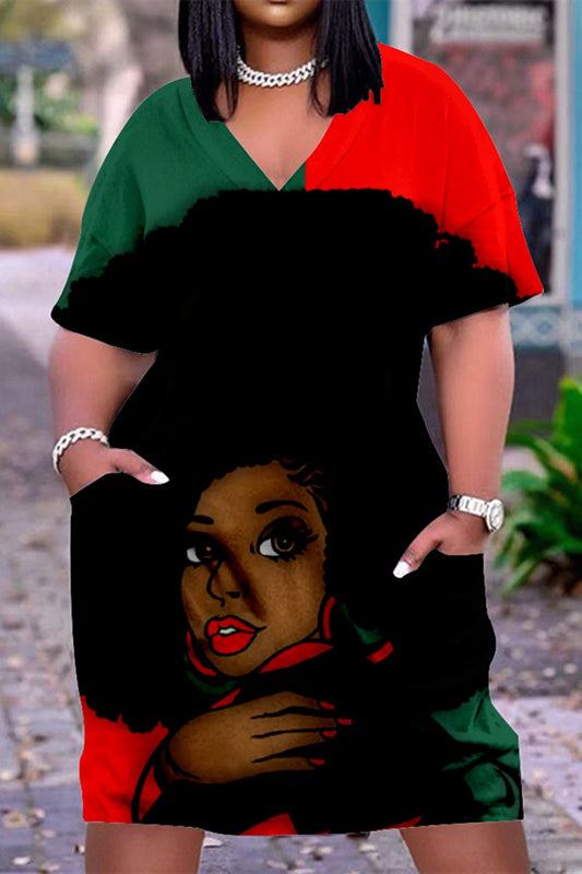 Plus Size V Neck Short Sleeve Cute Black Girl Print Midi Dress-Red - Xpluswear