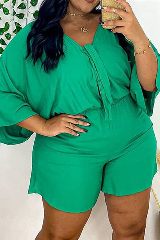 Plus Size  Casual Solid Basic V Neck Green Two Pieces