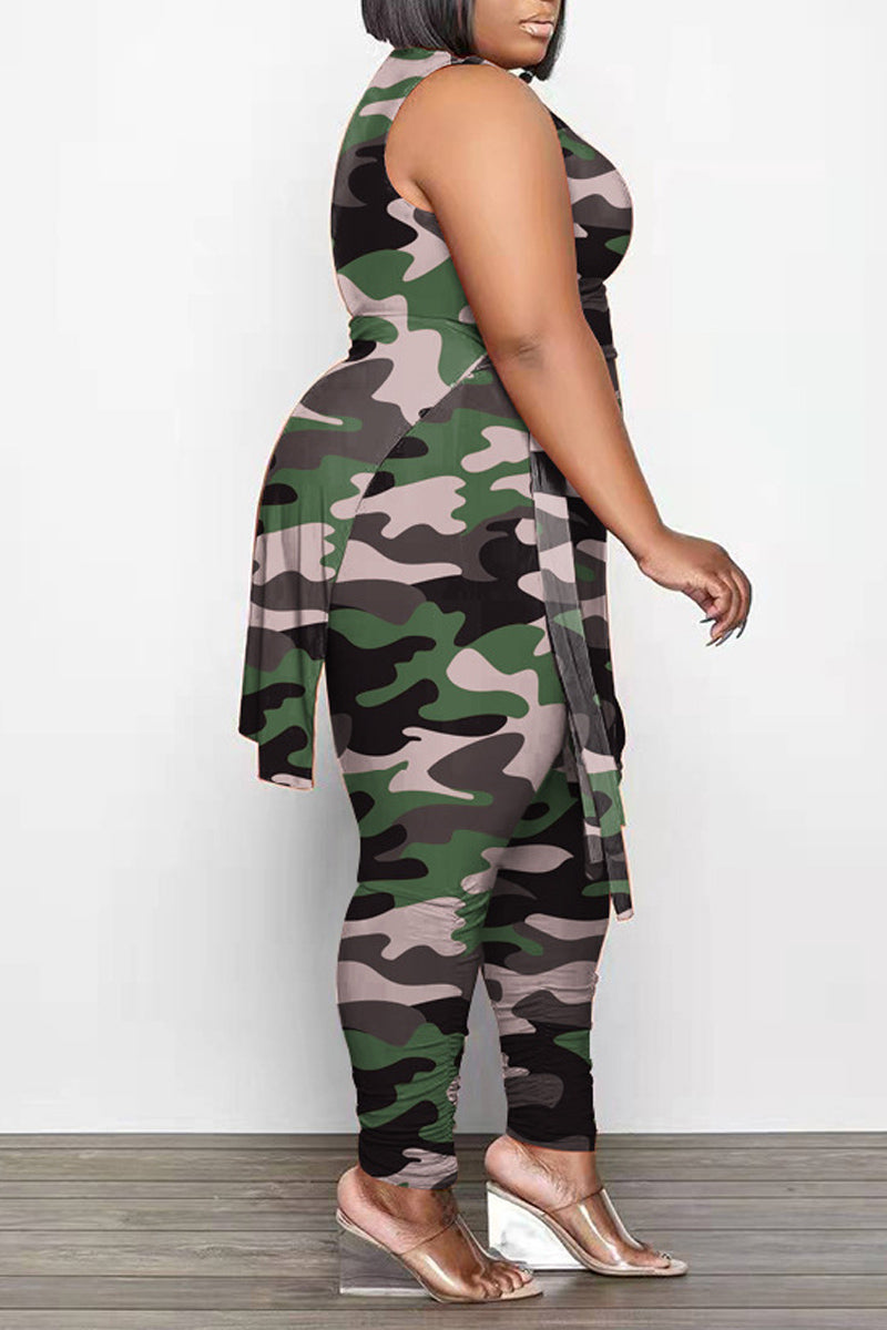 Plus Size Camouflage Print Sleeveless Skinny Pant Two Piece Set