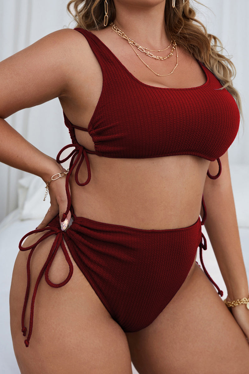 Plus Size Solid Lace Up Two Pieces Set Swimsuit