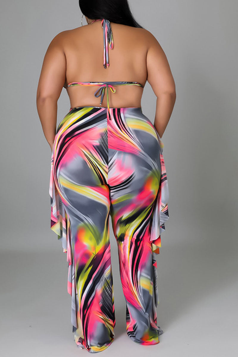 Plus Size Halter All Over Print Swimsuit Pant Three Piece Set