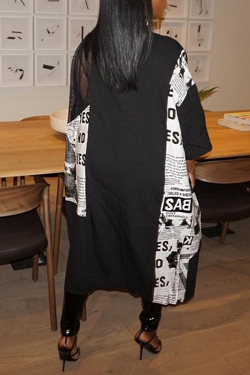 Plus Size Casual Black Printed Kimono Cardigan