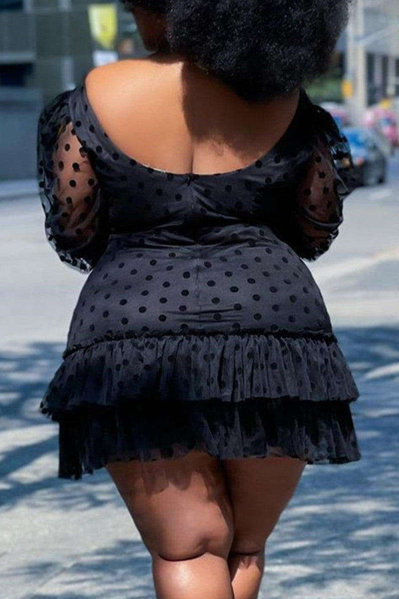 Plus Size Summer Tulle Polk Dot Puff Sleeves Flounce Mini Dress