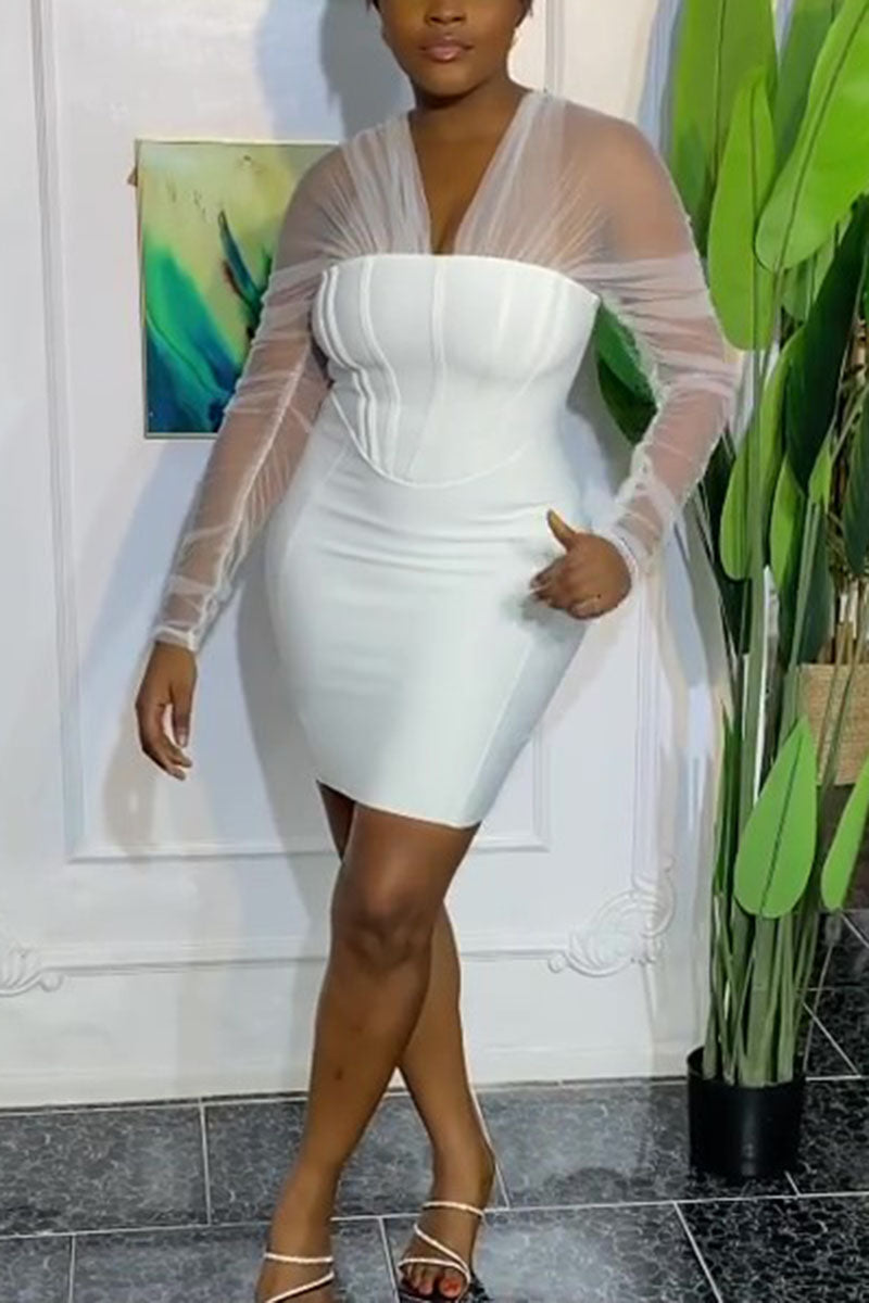 Plus Size Mesh White Solid See-Through Sleeves Mini Dresses