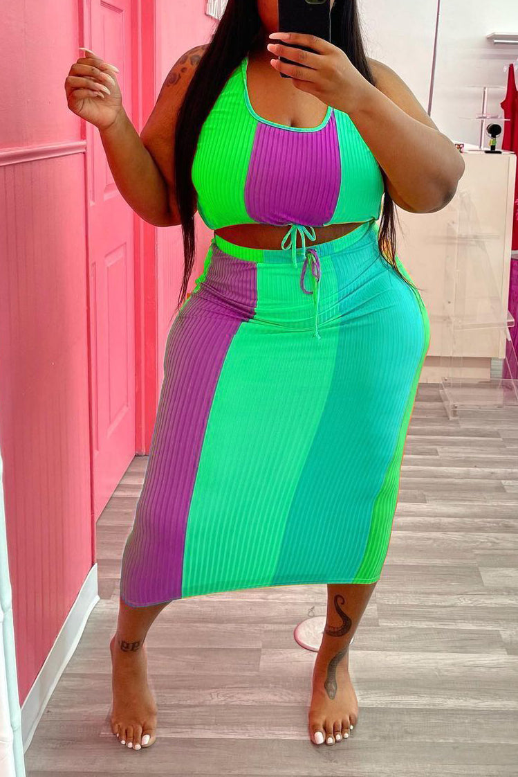 Plus Size Sleeveless Color Top and Long Skirt Set