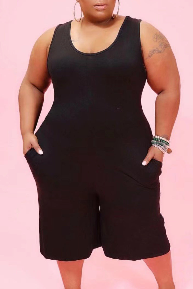 Plus Size Casual Solid Sleeveless Rompers