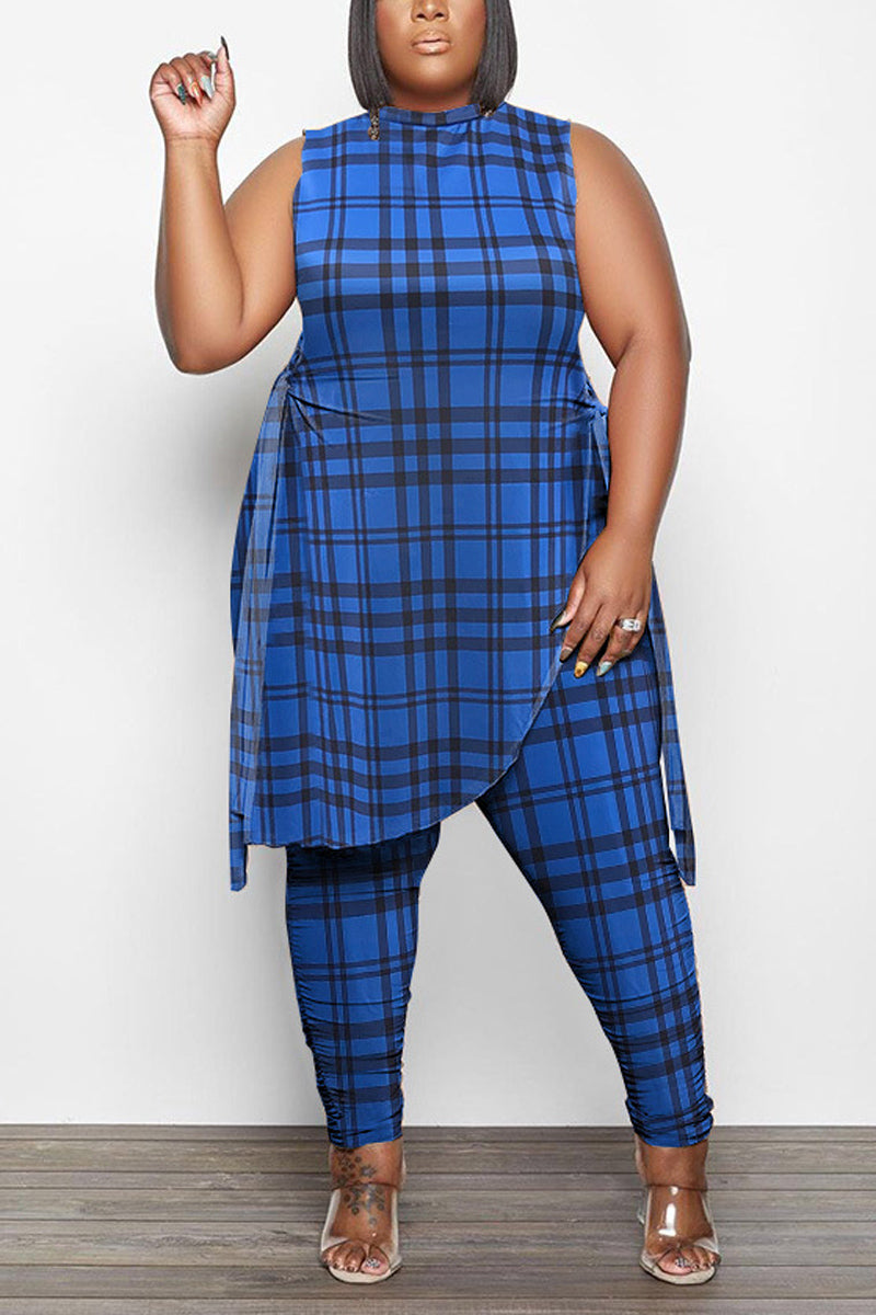 Plus Size Casual Plaid Print Sleeveless Skinny Pant Two Piece Set