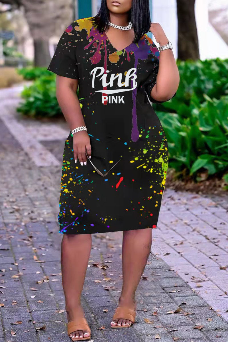 Plus Size Casual Splash Ink Letter Print V Neck Midi Dresses