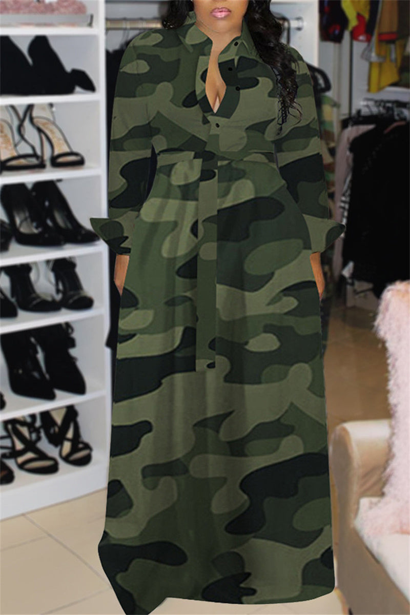 Plus Size Camouflage Print Long Sleeve Turndown Collar Maxi Dress